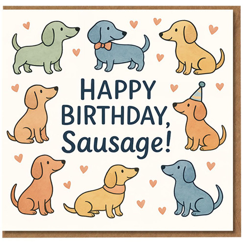 Funny Sausage Dog Dachshund Birthday Card - Happy Birthday, Sausage - Cute Illustrated Dog Lover Card for Him, Her or Friend
