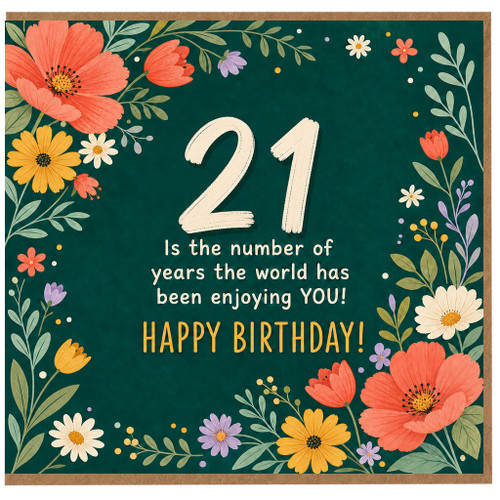 21st Birthday Card, Floral Happy Birthday Card