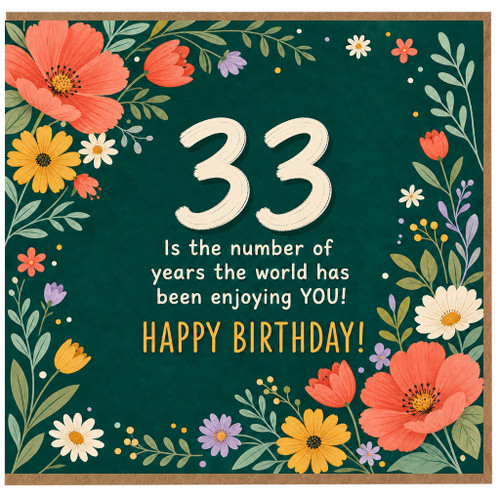 33rd Birthday Card, Floral Happy Birthday Card