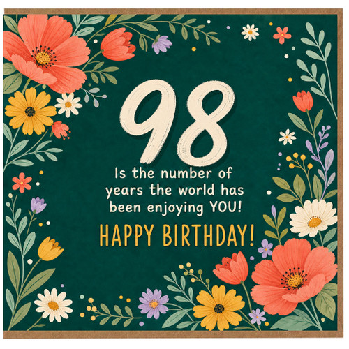 98th Birthday Card, Floral 98 Birthday Card, Happy Birthday Card for 98 Year Old