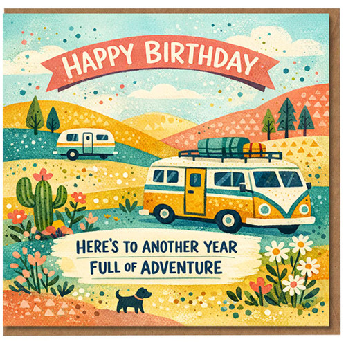 Happy Birthday Card - Retro Camper Van Adventure Design, Colourful Illustrated Landscape with Dog - 'Here's to Another Year Full of Adventure' - Travel Lover Card for Him or Her, Friend or Family