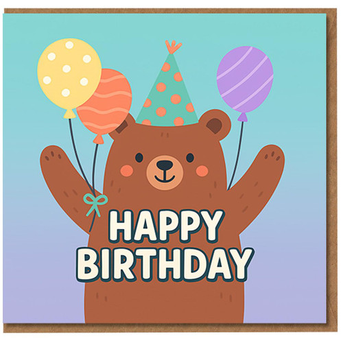 Cute Bear with Balloons Birthday Card - Happy Birthday - Fun Animal Party Hat Design for Kids and Adults