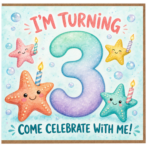 3rd Birthday Card, I'm Turning 3 Cute Starfish Birthday Card