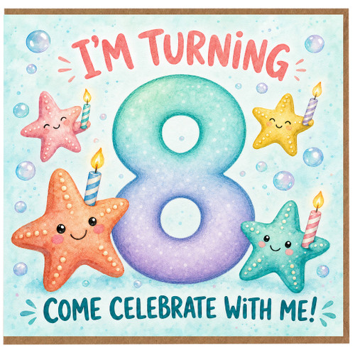 8th Birthday Card, Cute Underwater Starfish Birthday Invite, Come Celebrate With Me