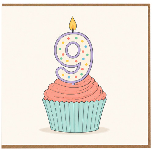 9th Birthday Card, Cute Cupcake and Candle Design for Birthday Celebration