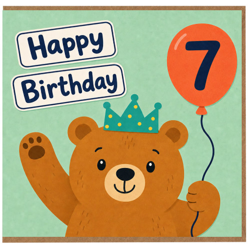 7th Birthday Card, Cute Bear and Balloon Happy Birthday Card