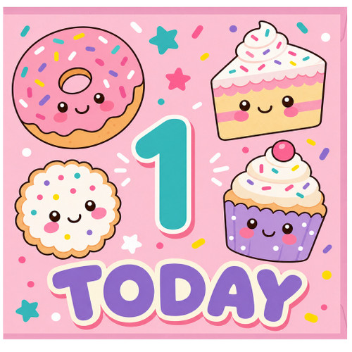 1st Birthday Card, Cute Kawaii Sweets and Cakes Today