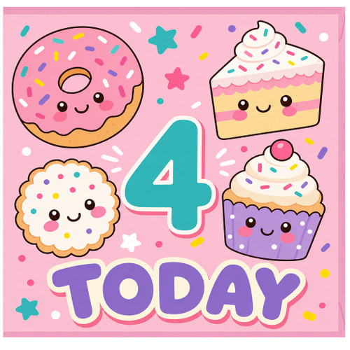 4th Birthday Card, Cute Donut and Cupcake Age 4 Today Card