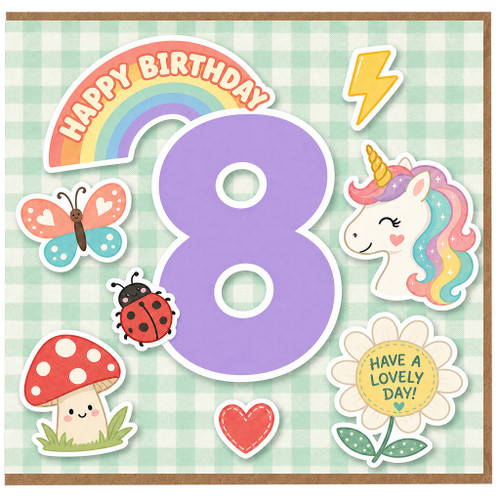 8th Birthday Card, Cute Rainbow Unicorn Kids Birthday Card