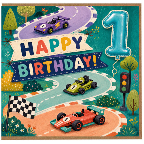 1st Birthday Card, Racing Cars Happy Birthday Card