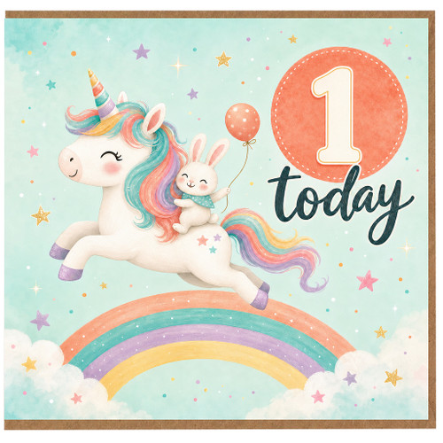 1st Birthday Card, Unicorn Birthday Card for One Year Old Girl