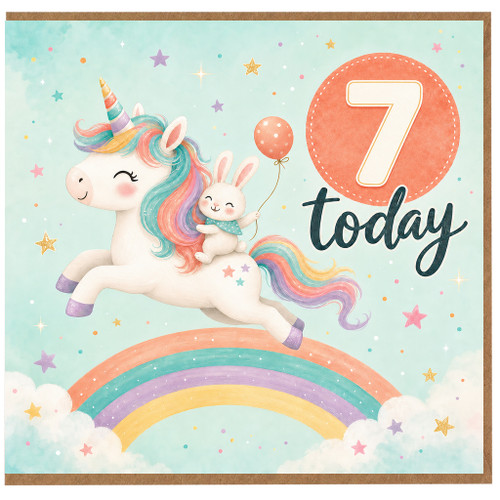7th Birthday Card, Cute Unicorn and Rainbow Design
