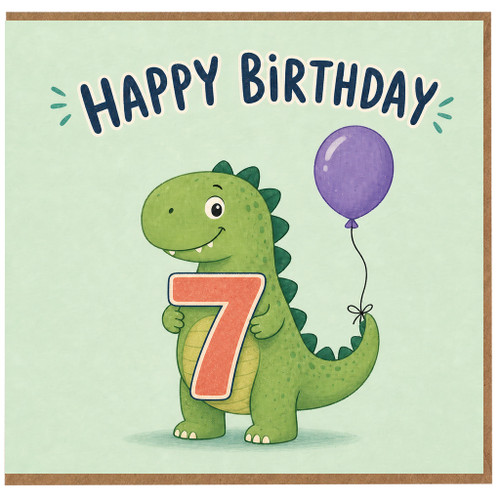7th Birthday Card, Cute Dinosaur Happy Birthday Card