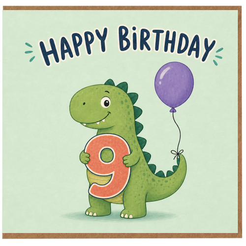 9th Birthday Card, Cute Dinosaur Happy Birthday Card