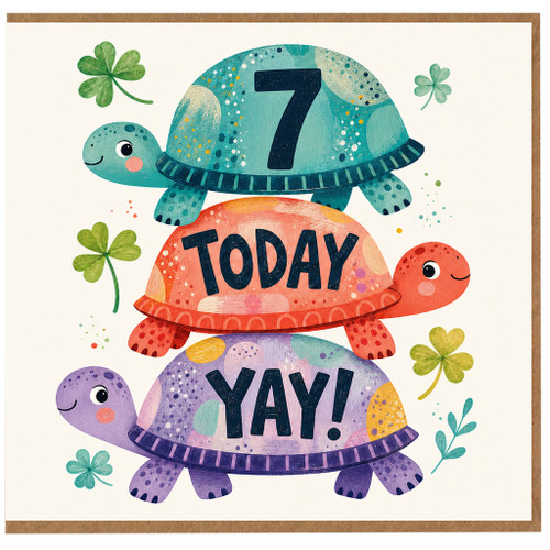 7th Birthday Card, Cute Turtle Stack Today Yay Celebration Card