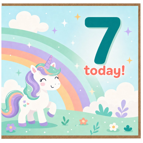 7th Birthday Card, Unicorn Rainbow Today