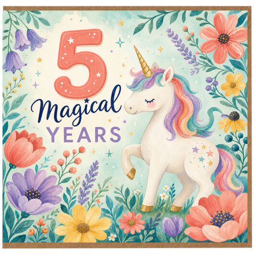 5th Birthday Card, Magical Unicorn Floral Card