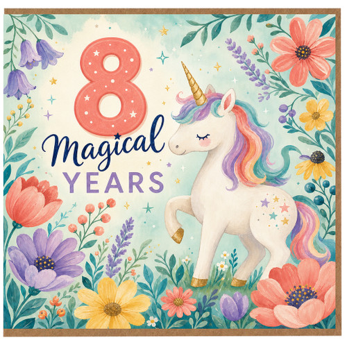 8th Birthday Card, Magical Unicorn Floral Birthday Card