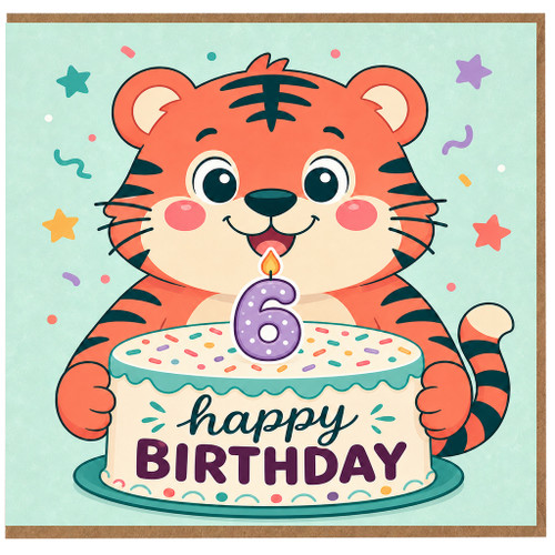 6th Birthday Card, Cute Tiger Birthday Cake Card