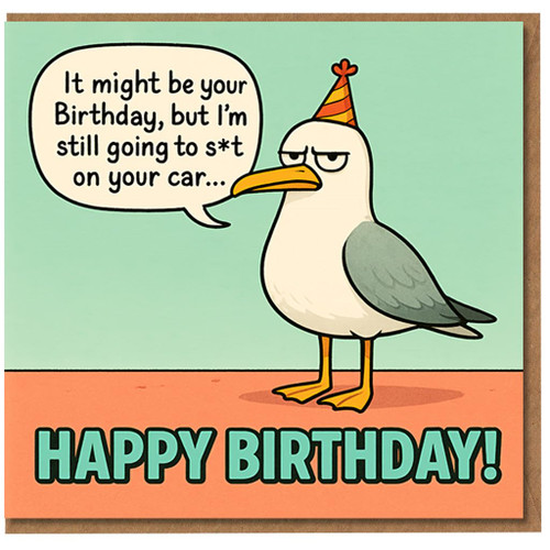 Funny Seagull Birthday Card - Cheeky Humour 'I'm still going to s*t on your car' - Happy Birthday Seagull with Party Hat - Rude Card