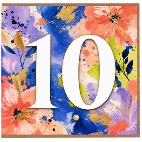 10th Birthday Card, Colourful Floral Number 10 Card