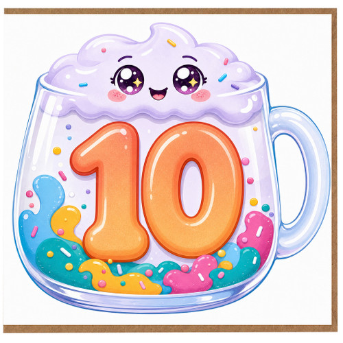 10th Birthday Card, Cute Kawaii Mug Design