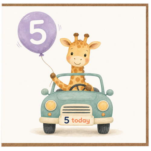 5th Birthday Card, Cute Giraffe Driving Car with Balloon for Age 5