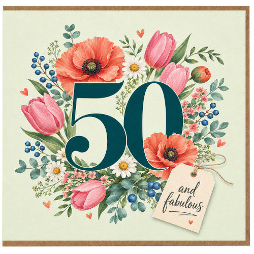 50th Birthday Card, Floral and Fabulous Birthday Card