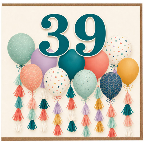 39th Birthday Card, Colourful Balloon Design