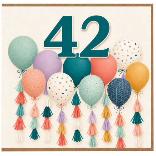 42nd Birthday Card, Colourful Balloons and Tassels Design