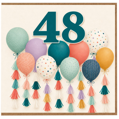 48th Birthday Card, Colourful Balloon and Tassel Design