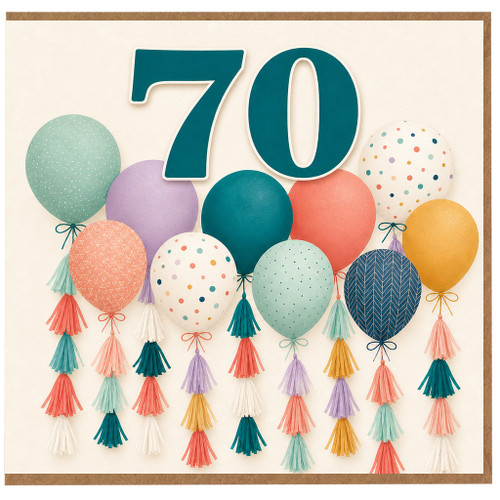 70th Birthday Card, Colourful Balloon Design