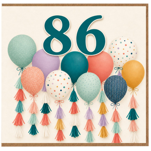 86th Birthday Card, Colourful Balloons and Tassels Design