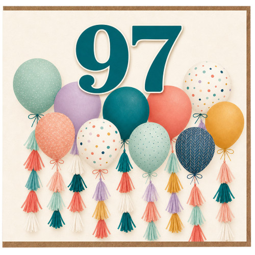 97th Birthday Card, Colourful Balloons and Tassels Design