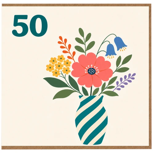 50th Birthday Card, Floral Vase Design