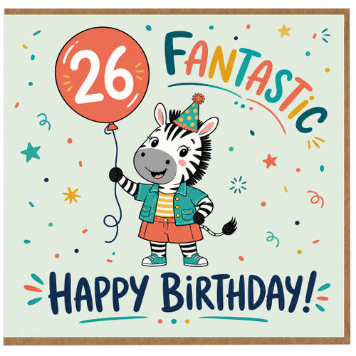 26th Birthday Card, Cute Zebra Happy Birthday Card