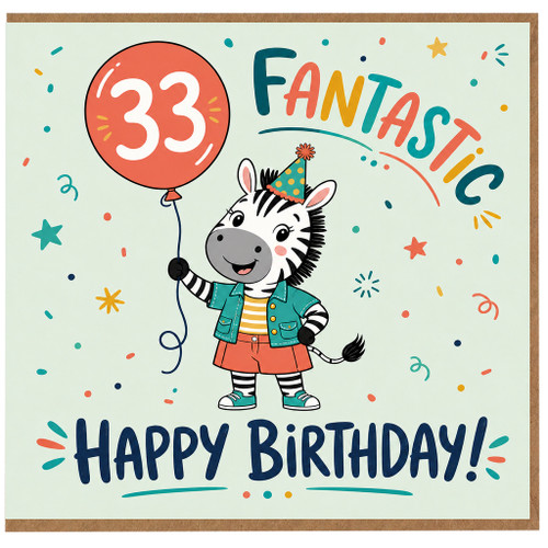 33rd Birthday Card, Cute Zebra Party Birthday Card