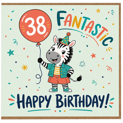 38th Birthday Card, Funny Zebra Happy Birthday Card