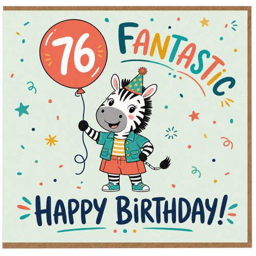 76th Birthday Card, Cute Zebra Happy Birthday Card