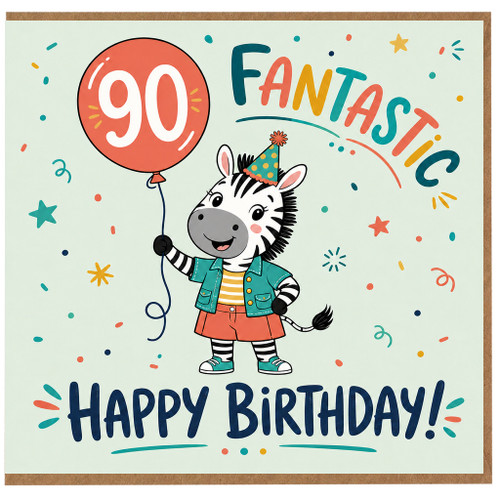 90th Birthday Card, Cute Zebra Party Card, Fantastic Happy Birthday Card