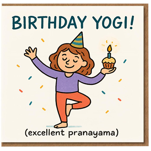 Birthday Yogi Funny Yoga Birthday Card - Cartoon Tree Pose with Cupcake - For Yogi or Yoga Lover
