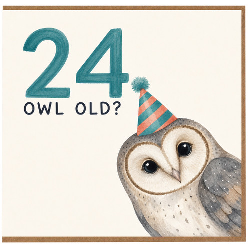 24th Birthday Card, Cute Owl Party Hat Card