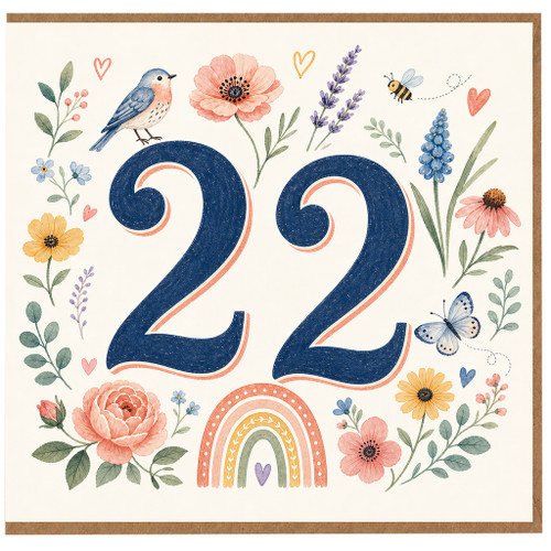 22nd Birthday Card, Floral Number 22 Card with Bird and Butterflies