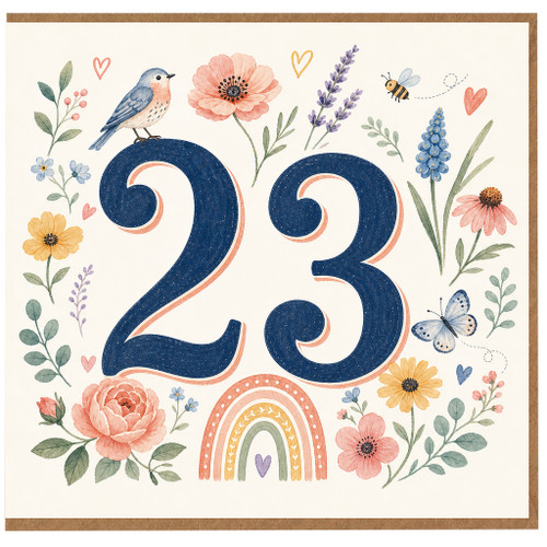 23rd Birthday Card, Floral Bird and Butterfly Number 23 Card