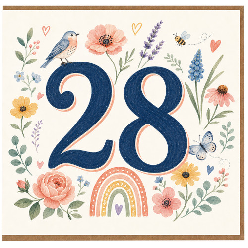 28th Birthday Card, Floral Bird and Butterfly Design