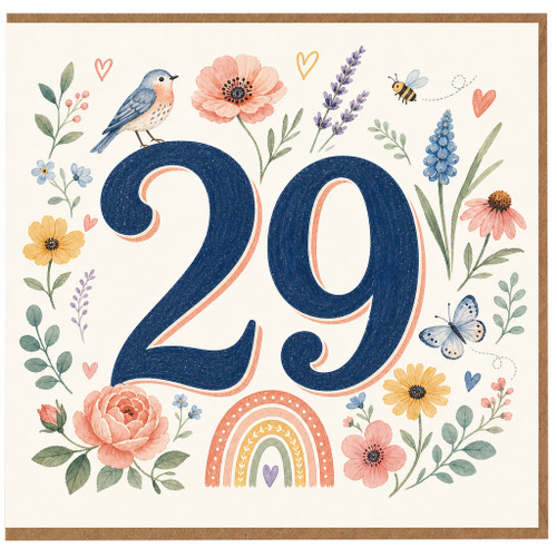 29th Birthday Card, Floral Bird and Butterfly Design