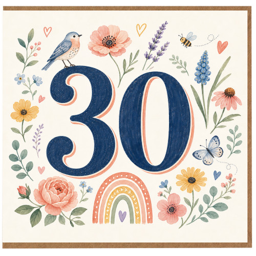 30th Birthday Card, Floral Bird Butterfly Design