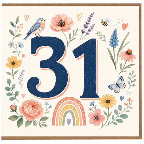 31st Birthday Card, Floral Bird and Butterfly Design