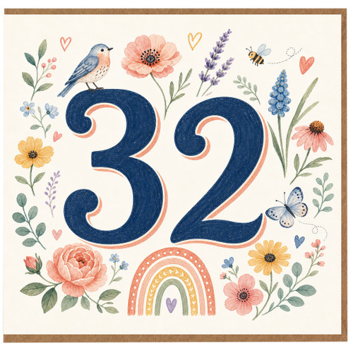 32nd Birthday Card, Floral Watercolour Number 32 Card