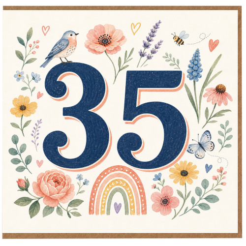 35th Birthday Card, Floral Watercolour Birthday Card with Bird, Butterflies and Rainbow